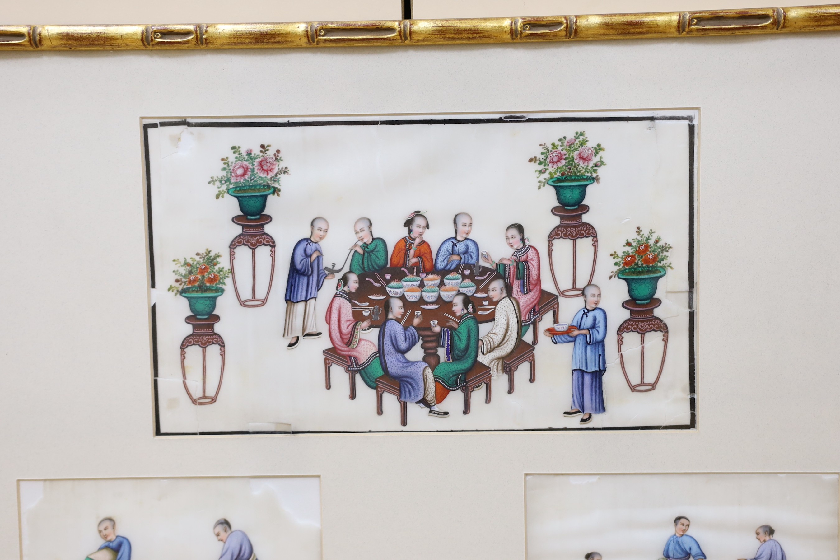 19th century Chinese School, six gouaches on pith paper, Figures around a dining table and other figure studies, largest 18 x 30cm, framed as one